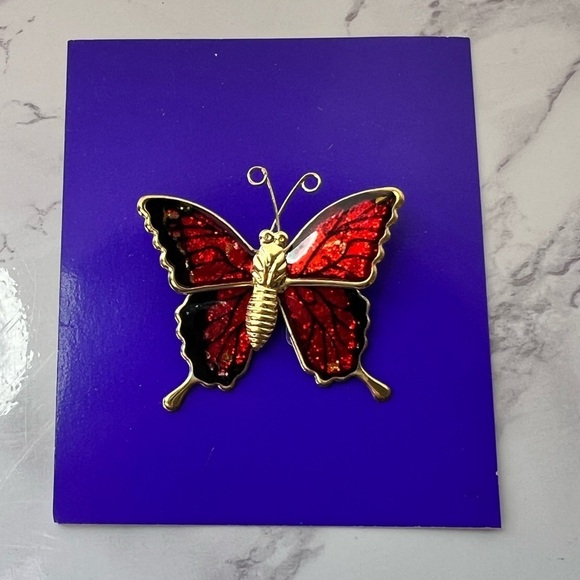 Vintage Goldtone & Red Enamel Butterfly Brooch 1970s Retro - Picture 2 of 6